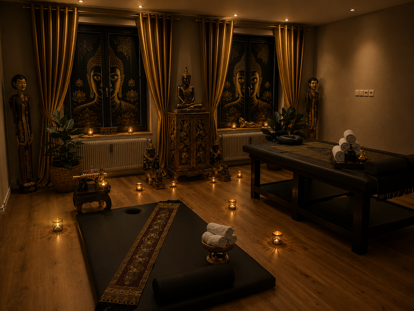 Thai Wellness Massage Raum mit Kerzen und Buddha-Statuen