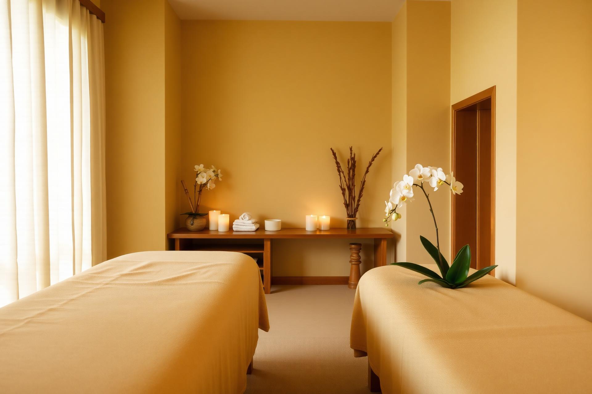 Ruhiger Thai Spa Raum mit Kerzen und Orchideen